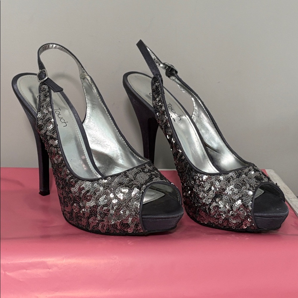 Nina Sequin Sling Back Heels, EUC